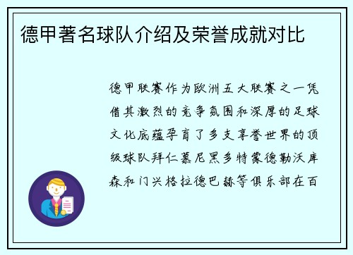 德甲著名球队介绍及荣誉成就对比
